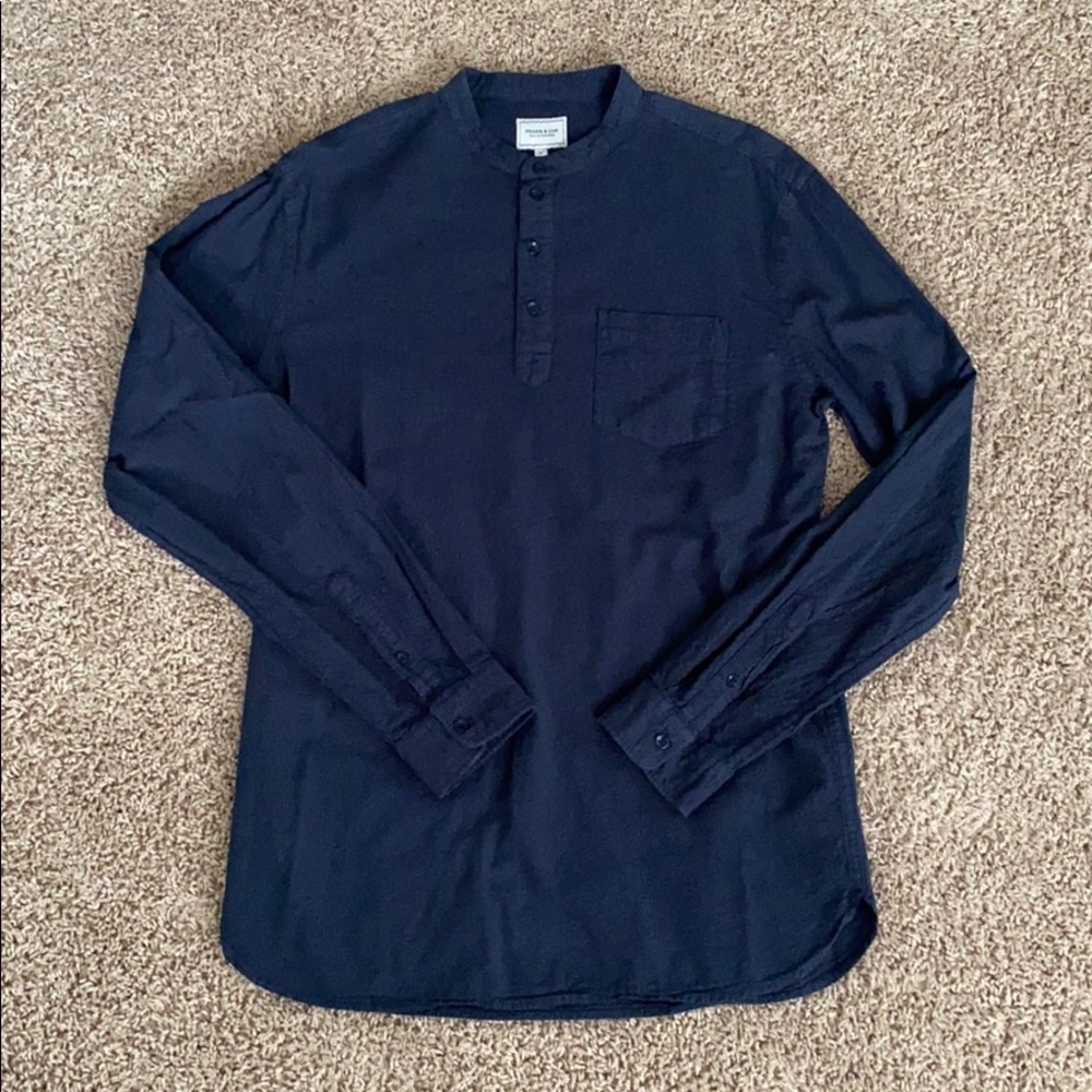 Frank & Oak Navy Long Sleeve Seer Sucker Shirt